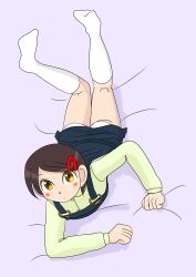  1girl absurdres ass bed black_dress blush brown_eyes brown_hair clothes_lift dress dress_lift hair_ornament hairclip highres kneehighs long_sleeves looking_at_viewer lying on_bed panties sexless2012 shirt short_hair sleeveless sleeveless_dress socks underwear white_panties white_socks yellow_shirt  rating:Sensitive score:3 user:cpee