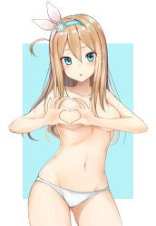  1girl blue_background blue_eyes blue_hairband breasts brown_hair contrapposto cowboy_shot girls&#039;_frontline hair_between_eyes hairband heart heart-shaped_boob_challenge heart_hands long_hair looking_at_viewer luse_maonang medium_breasts navel no_nipples panties solo standing stomach suomi_(girls&#039;_frontline) topless two-tone_background underwear underwear_only white_background white_panties  rating:Questionable score:53 user:danbooru