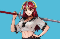 1girl blue_background choker claudette_(queen&#039;s_blade) earrings green_eyes hair_ornament hand_on_own_hip jewelry long_hair looking_at_viewer midriff mikazuki_shigure over_shoulder queen&#039;s_blade red_hair school_uniform simple_background smile solo sword sword_over_shoulder weapon weapon_over_shoulder  rating:Sensitive score:38 user:galku