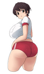 10s 1girl ass breasts brown_eyes brown_hair buruma curvy female_focus from_behind gym_uniform hip_focus huge_ass huge_breasts idolmaster idolmaster_cinderella_girls large_breasts looking_at_viewer looking_back nash_(na-si) oikawa_shizuku open_mouth plump shiny_skin short_hair sideboob simple_background solo standing thick_thighs thighs white_background wide_hips rating:Sensitive score:86 user:armorcrystal