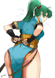 1girl :o absurdres adjusting_clothes ass black_gloves blue_dress blush breasts dress earrings eko fingerless_gloves fire_emblem fire_emblem:_the_blazing_blade flying_sweatdrops from_behind gloves green_eyes green_hair hair_tie high_ponytail highres jewelry leaning_forward long_hair looking_back lyn_(fire_emblem) medium_breasts nintendo no_panties open_mouth ormille pelvic_curtain profile sash short_sleeves sideways_mouth simple_background solo thighs tsurime twitter_username very_long_hair white_background  rating:Sensitive score:51 user:danbooru