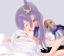  2girls absurdres artist_request bare_shoulders blush closed_eyes earrings french_kiss genshin_impact hair_ornament hairclip highres jewelry keqing_(genshin_impact) kiss long_hair multiple_girls noelle_(genshin_impact) open_mouth purple_hair short_hair silver_hair tongue twintails yuri  rating:Questionable score:64 user:armorcrystal