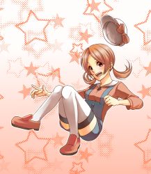  00s 1girl :d brown_eyes brown_hair creatures_(company) fu-haru game_freak hat hat_ribbon lyra_(pokemon) nintendo open_mouth overalls pokemon pokemon_hgss red_footwear ribbon shoes sitting smile solo star_(symbol) starry_background thighhighs twintails unworn_hat unworn_headwear white_thighhighs  rating:Sensitive score:5 user:iiToxic