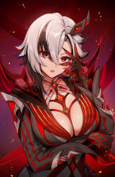  1girl alternate_breast_size arlecchino_(genshin_impact) black_eyes black_hair breasts cleavage foxyreine genshin_impact grey_hair hair_between_eyes highres large_breasts long_hair long_sleeves looking_at_viewer multicolored_hair official_alternate_costume open_mouth red_pupils solo streaked_hair symbol-shaped_pupils white_hair x-shaped_pupils 
