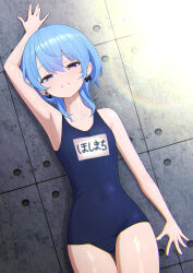  1girl absurdres alternate_costume alternate_hair_length alternate_hairstyle blue_eyes blue_hair blue_one-piece_swimsuit blush bow bow_earrings closed_mouth commentary_request cowboy_shot earrings flat_chest frown hair_between_eyes half-closed_eyes highres hololive hoshimachi_suisei jewelry lens_flare looking_at_viewer lunch_boxer lying medium_hair name_tag old_school_swimsuit on_back one-piece_swimsuit school_swimsuit solo star_(symbol) star_in_eye sweat swimsuit symbol_in_eye virtual_youtuber 