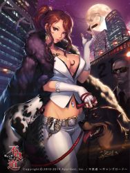 1boy 1girl bad_id bad_pixiv_id belt breasts brown_hair buliang_dao:_gang_road chess_piece cigar city cleavage coat collar dog earrings fingerless_gloves formal full_moon fur_coat furyou_michi_~gang_road~ gloves highres jewelry large_breasts leash lips long_hair looking_at_viewer moon morry navel navel_piercing necktie night night_sky official_art parted_lips piercing ponytail shiouten_kaname sky solo_focus suit sunglasses rating:Sensitive score:72 user:danbooru