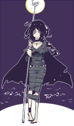  1girl bandages barefoot black_hair braid cape demon&#039;s_souls dowman_sayman flat_color full_body jewelry maiden_in_black moon necklace no_eyes simple_background smile solo staff  rating:Sensitive score:17 user:danbooru