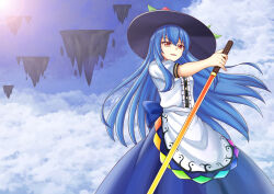  1girl absurdres black_headwear blue_bow blue_hair blue_skirt blue_sky bow cloud cloudy_sky commentary day floating food fruit fruit_hat_ornament hat highres hinanawi_tenshi holding holding_sword holding_weapon leaf leaf_hat_ornament lens_flare long_hair looking_at_viewer open_mouth outdoors peach peach_hat_ornament piaoluo_de_ying_huaban puffy_short_sleeves puffy_sleeves rainbow_gradient rainbow_order rock scenery shirt short_sleeves skirt sky solo sun sword sword_of_hisou touhou very_long_hair waist_bow weapon white_shirt 