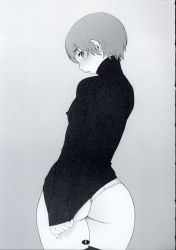 1boy androgynous ass blush crossdressing from_behind greyscale highres hip_focus looking_back male_focus monochrome no_pants open_mouth original panties po-ju scan short_hair solo sweater thick_thighs thighhighs thighs thong trap turtleneck underwear wide_hips rating:Questionable score:141 user:danbooru