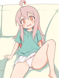 1girl ahoge bare_legs blush caraku commentary_request couch green_hoodie highres hood hoodie long_hair on_couch onii-chan_wa_oshimai! open_mouth oyama_mahiro panties short_sleeves simple_background sitting skirt solo underwear white_skirt rating:Sensitive score:77 user:danbooru