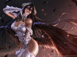  1girl albedo_(overlord) black_hair black_wings breasts cleavage demon_horns detached_collar dress elbow_gloves feathered_wings gloves hair_between_eyes hip_vent horns large_breasts liang_xing lips long_hair looking_at_viewer low_wings overlord_(maruyama) parted_lips patreon_username solo watermark web_address white_dress white_gloves wings yellow_eyes  rating:Sensitive score:50 user:danbooru