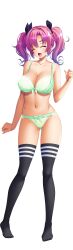  1girl absurdres bishop_(company) black_thighhighs bow bow_bra bow_panties bra breasts closed_eyes closed_mouth eyes_visible_through_hair green_bra green_panties hair_bow hair_intakes hand_up happy highres large_breasts lingerie looking_at_viewer multicolored_hair niijima_neiro panties pink_hair shinshoku smile solo tachi-e thighhighs transparent_background twintails underwear underwear_only  rating:Sensitive score:5 user:Hhermanto584