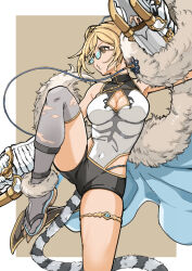  1girl :3 bare_shoulders black_shorts blonde_hair breasts brown_hair cape claw_(weapon) cleavage cleavage_cutout clothing_cutout covered_navel djeeta_(granblue_fantasy) feather_boa granblue_fantasy grey_thighhighs medium_breasts mika_(gbf) sandals semi-rimless_eyewear shirt short_hair short_shorts shorts silverroar&#039;s_swiftclaw_(granblue_fantasy) sleeveless sleeveless_shirt solo standing standing_on_one_leg thigh_strap thighhighs toes weapon 