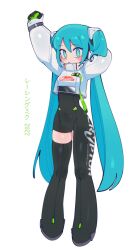  1girl arms_up batrobin_k blue_eyes blush bodysuit covered_navel crop_top full_body goodsmile_racing hatsune_miku highres long_hair long_sleeves looking_at_viewer racing_miku racing_miku_(2022) simple_background solo translated twintails vocaloid white_background 