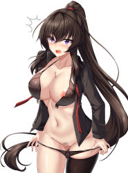1girl ^^^ absurdres black_panties black_shirt black_thighhighs blush bra breasts brown_hair censored cleavage collarbone collared_shirt commentary_request counter:side cowboy_shot elze_(s01047480836) female_pubic_hair fingernails flustered front-hook_bra furrowed_brow gluteal_fold groin hair_between_eyes hair_tie highres korean_commentary large_breasts long_fingernails long_hair long_sleeves looking_at_viewer mosaic_censoring navel necktie nipple_slip nipples no_pants open_bra open_clothes open_mouth open_shirt panties panty_pull ponytail pubic_hair purple_eyes red_necktie shirt sidelocks simple_background single_thighhigh skindentation solo sweatdrop thighhighs underwear undone_necktie unfastened very_long_hair white_background yoo_mina rating:Questionable score:57 user:danbooru