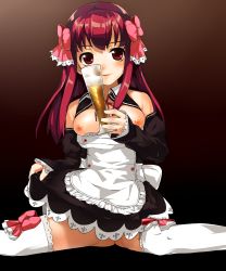  1girl amane_(dream_c_club) apron beer_glass blush breasts breasts_out brown_eyes dream_c_club dream_c_club_(series) highres kyuu_(pinpo) long_hair looking_at_viewer nipples red_hair smile solo thighhighs waitress 