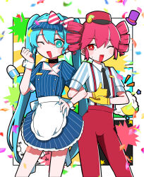  2girls apron blue_dress blue_eyes blue_hair blue_hat bow chemical_structure collared_shirt commentary dress drill_hair eraser food fruit hair_bow hat hatsune_miku highres kasane_teto lemon long_hair looking_at_another looking_at_viewer maki_(meime) mesmerizer_(vocaloid) multiple_girls one_eye_closed open_mouth pants pink_hair pinstripe_dress pinstripe_hat pinstripe_pattern puffy_short_sleeves puffy_sleeves red_eyes red_pants shirt short_sleeves sign_language smile striped_bow striped_clothes striped_shirt suspenders sweat top_hat translated twin_drills twintails utau very_long_hair visor_cap vocaloid waist_apron waitress 