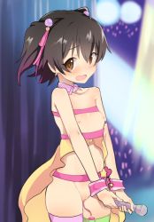  1girl akagi_miria bare_arms bare_shoulders black_hair brown_eyes caburi_aki cleft_of_venus cowboy_shot detached_collar flat_chest hair_bobbles hair_ornament hair_ribbon heart holding idolmaster idolmaster_cinderella_girls loli looking_at_viewer microphone nipples pikapikapop pink_ribbon pussy pussy_juice remote_control_vibrator ribbon sex_toy smile solo thighhighs two_side_up uncensored vibrator vibrator_in_thighhighs wrist_cuffs  rating:Explicit score:111 user:danbooru