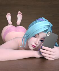  1girl absurdres ass bare_arms bare_shoulders barefoot blue_eyes blue_hair cellphone feet fingernails highres k/da_all_out_seraphine_superstar league_of_legends long_hair lying nail_polish on_stomach panties phone seraphine_(league_of_legends) shaohuu soles solo toes underwear  rating:Sensitive score:20 user:Misandrist_Seraphine