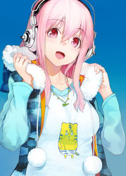  1girl blue_background blush breasts hair_between_eyes headphones highres hood hoodie jewelry large_breasts long_hair looking_at_viewer necklace nitroplus open_mouth pink_eyes pink_hair pom_pom_(clothes) print_shirt shirabi shirt simple_background smile solo super_sonico upper_body v-neck  rating:Sensitive score:37 user:danbooru
