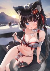  1girl :o absurdres animal_ear_fluff animal_ears arm_support bikini black_hair blue_eyes blunt_bangs blush breasts cat_ears cat_girl cat_tail cleavage collar cross-laced_bikini cross-laced_clothes flower frilled_collar frills hair_flower hair_ornament heterochromia highres indie_virtual_youtuber medium_breasts multiple_tails nukota_natsuna red_eyes second-party_source sese_nagi sitting snow solo swimsuit tail two_tails 