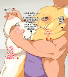 1boy 1girl animal_ears blush breasts cum digimon digimon_(creature) furry grabbing grabbing_another&#039;s_breast hard-translated heart highres nipples renamon simple_background sindoll third-party_edit translated rating:Explicit score:76 user:merkking