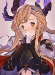  1girl asymmetrical_gloves black_gloves blush breasts cloak coffee1223 covering_own_mouth fingerless_gloves fingers_together gloves granblue_fantasy head_wings headband large_breasts light_brown_hair long_hair looking_at_viewer sidelocks simple_background tweyen_(granblue_fantasy) uneven_gloves white_cloak white_gloves wings yellow_eyes  rating:Sensitive score:4 user:danbooru