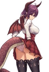 10s 1girl ass black_thighhighs breasts clothes_lift cowboy_shot dragon_horns dragon_tail dragon_wings from_behind granblue_fantasy grea_(shingeki_no_bahamut) hair_between_eyes head_tilt high-waist_skirt highres horns large_breasts long_sleeves looking_back moppo panties parted_lips plaid plaid_skirt pleated_skirt pointy_ears purple_hair red_eyes red_skirt shingeki_no_bahamut shirt simple_background skirt solo standing tail thighhighs underwear white_background white_panties white_shirt wings rating:Sensitive score:39 user:danbooru