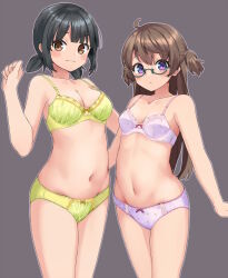  2girls :t absurdres amemiya_sekira bare_arms bare_shoulders black_hair blush bow bow_bra bow_panties bra breasts brown_eyes brown_hair cleavage closed_mouth collarbone commentary_request glasses green-framed_eyewear green_bra green_panties grey_background hand_up highres kuramote_mei long_hair low_twintails medium_breasts multiple_girls navel original panties pouch purple_bra purple_eyes purple_panties sekira_ame semi-rimless_eyewear short_twintails simple_background small_breasts smile standing twintails two_side_up under-rim_eyewear underwear underwear_only very_long_hair 
