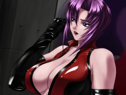 1girl aoyama_minako blue_eyes breasts center_opening cleavage cleavage_cutout clothing_cutout dominatrix elbow_gloves covered_erect_nipples escalation_hardcore female_focus gloves inoue_takuya large_breasts latex latex_gloves lipstick makeup mirror purple_hair red_leather solo vinyl rating:Questionable score:63 user:Kwakerjak