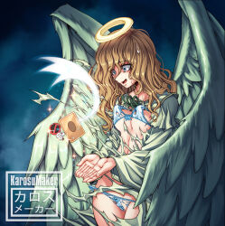  1girl angel angel_wings artist_logo artist_name blue_background blue_bra blue_eyes blue_panties bow bow_panties bra breasts confused constricted_pupils cowboy_shot dress duel_monster eyebrows eyelashes feathered_wings feathers female_focus graceful_charity gradient_background green_dress green_feathers halo karosu_maker light_brown_hair long_hair long_sleeves looking_at_object nervous nervous_smile nervous_sweating open_mouth outstretched_hand own_hands_together panties simple_background small_breasts smile solo standing surprised sweat torn_bra torn_clothes torn_dress torn_panties underwear watermark wavy_hair wings yellow_halo yu-gi-oh! 