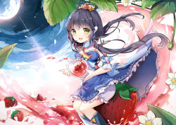  1girl :d black_hair bloomers blue_dress blush cloud detached_sleeves dress flower food fruit full_moon green_eyes hair_ornament hair_ribbon hair_rings holding leaf long_hair looking_at_viewer low_twintails luo_tianyi moon natie_(latte) open_mouth ribbon sitting sky smile solo star_(symbol) strawberry twintails underwear very_long_hair vocaloid vsinger white_bloomers white_flower yellow_eyes 