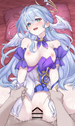  1boy 1girl absurdres aqua_eyes bar_censor bare_shoulders blue_hair blush breasts censored daram_(shappydude) detached_sleeves earrings facial_mark gloves halo happy_sex head_wings hetero highres holding_another&#039;s_arm honkai:_star_rail honkai_(series) jewelry long_hair medium_breasts missionary motion_lines nipples on_bed open_mouth pillow pov pussy pussy_juice robin_(honkai:_star_rail) sex single_earring sweat trembling very_long_hair white_gloves wings  rating:Explicit score:27 user:danbooru
