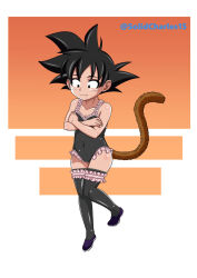 1girl absurdres artist_name black_hair black_leotard black_thighhighs closed_mouth collarbone covered_navel covering_breasts covering_privates dragon_ball fang frilled_leotard frills full_body genderswap genderswap_(mtf) highres leotard medium_hair monkey_tail solidcharles son_goku spiked_hair standing tail thighhighs thighs twitter_username