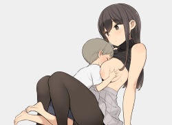 1boy 1girl age_difference between_legs blush breast_smother breasts brown_hair closed_eyes clothes_lift face_to_breasts grabbing grabbing_another&#039;s_breast grey_background hetero highres large_breasts long_hair nora_higuma onee-shota original pantyhose shirt shirt_lift short_hair shota simple_background skirt sleeveless sleeveless_shirt surprised yellow_eyes rating:Questionable score:364 user:danbooru