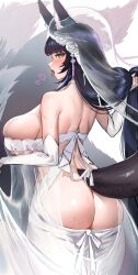  1girl absurdres animal_ear_fluff animal_ears ass ass_cutout azur_lane backless_dress backless_outfit bare_shoulders black_hair blush breasts bridal_veil butt_crack clothing_cutout dress eyelashes facial_mark fox_ears fox_girl heart highres huge_breasts kaki_z3 long_eyelashes long_hair looking_at_viewer musashi_(azur_lane) musashi_(purest_wisteria)_(azur_lane) official_alternate_costume see-through skindentation solo sweat tail veil very_long_hair wedding_dress whisker_markings white_dress yellow_eyes 