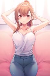 1girl armpits arms_up bare_arms bare_shoulders breasts camisole collarbone commentary_request couch denim highres kinjo_no_nanako-san komeshiro_kasu large_breasts long_hair looking_at_viewer nanako-san on_couch orange_hair pants ponytail red_eyes shirt shirt_tucked_in sitting sleeveless sleeveless_shirt smile solo spaghetti_strap white_shirt window rating:Sensitive score:19 user:danbooru