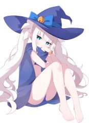  1girl bare_legs barefoot bell blue_bow blue_cape blue_eyes blush bow bracelet cape cloak feet full_body hand_to_own_mouth hat hat_bow highres jewelry knees_up legs long_hair looking_at_viewer original pointy_ears rokukarashi simple_background sitting solo toes twintails very_long_hair white_background white_hair witch_hat 