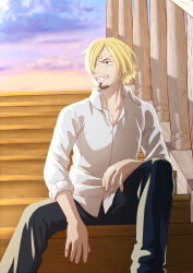  1boy black_eyes black_pants blonde_hair clenched_teeth commentary commentary_request curly_eyebrows english_commentary evening facial_hair goatee hair_over_one_eye highres long_sleeves male_focus mixed-language_commentary oda_eiichirou official_art one_eye_covered one_piece outdoors pants sanji_(one_piece) shirt short_hair smile solo teeth white_shirt 
