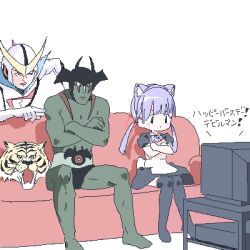  1girl 3boys animal_ear_hairband animal_ears apron black_eyes black_skirt black_thighhighs blush_stickers bodysuit bow bowtie casshern casshern_(series) cat_ear_hairband cat_ears closed_mouth colored_skin couch crossed_arms crossover crt devilman devilman_(character) fake_animal_ears full_body green_skin hairband head_only helmet horns kyou_mo_dokokade_devilman lokulo-chan_(lokulo_no_mawashimono) lokulo_no_mawashimono long_hair low_twintails lowres multiple_boys multiple_crossover on_couch open_mouth original pointing pose_imitation puffy_short_sleeves puffy_sleeves purple_bow purple_bowtie purple_hair serious shinzou_ningen_casshern short_sleeves shrug_(clothing) simple_background sitting skirt standing television thighhighs tiger_mask_(character) tiger_mask_(series) topless twintails waist_apron watching_television white_background white_bodysuit 