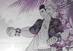  2boys :d abs ao_isami bare_pectorals black_hair blonde_hair character_name closed_eyes commentary_request copyright_name couple dog_tags facial_hair floral_print flower_bracelet greyscale happy hawaiian_shirt holding_hands hug hug_from_behind interlocked_fingers lewis_smith looking_to_the_side male_focus monochrome multiple_boys music navel obliques open_clothes open_mouth open_shirt palm_tree pectorals shirokumaborder shirt short_hair sideburns_stubble singing smile spot_color stubble toned toned_male tree twitter_username upper_body yaoi yuuki_bakuhatsu_bang_bravern 
