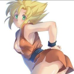 1girl artist_request bare_shoulders blonde_hair blush breasts cleavage dragonball_z green_eyes leaning_forward looking_at_viewer looking_back lowres medium_breasts solo son_goku rating:Sensitive score:15 user:Juni221