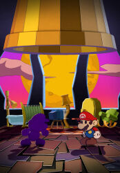 2boys bathtub bell boots brown_footwear chair cloud doopliss facial_hair full_moon gloves hat highres lamp male_focus maribou_(supermaribou) mario mario_(series) moon multiple_boys mustache nintendo paper_mario paper_mario:_the_thousand_year_door rocking_chair shadow sky standing television white_gloves 