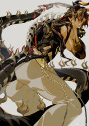  1boy absurdres arknights ass bara black_hair chong_yue_(arknights) dragon_boy dragon_horns dragon_tail feet_out_of_frame from_behind highres horns le_zhang_zhang leaning_forward long_hair looking_at_viewer looking_back male_focus multicolored_hair muscular muscular_male pants pointy_ears red_eyes simple_background solo streaked_hair tail 