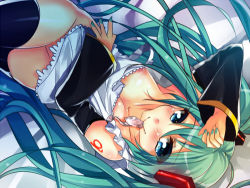  1girl apron aqua_eyes bottomless breasts condom condom_in_mouth green_hair hatsune_miku long_hair lowres lying medium_breasts mouth_hold naked_apron nipple_slip nipples on_back smile solo thighhighs used_condom very_long_hair vocaloid yuri_(purinlove) 