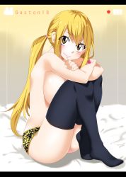 1girl animal_print armpits bed bed_sheet bedroom blonde_hair blush body_blush breasts brown_eyes collarbone eyelashes fairy_tail feet female_focus fingernails from_side full_body gaston18 happy highres huge_breasts hugging_own_legs indoors knees_to_chest large_breasts legs leopard_print leopard_print_panties lingerie lips long_hair looking_at_viewer lucy_heartfilia mashima_hiro neck no_bra no_shoes panties panties_only recording sideboob sitting smile socks solo tattoo thighhighs thighs tiptoes topless twintails underwear underwear_only rating:Questionable score:73 user:danbooru