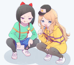  2girls :d asuka_ruu baseball_cap black_hair black_headwear black_pantyhose blonde_hair blue_eyes blue_shorts bow candy closed_mouth commentary_request food fudou_devi full_body green_sweater grey_background hair_bow hat holding holding_candy holding_food holding_lollipop holding_phone hood hood_down hoodie kiratto_pri_chan lollipop long_hair long_sleeves looking_at_viewer multiple_girls open_mouth pantyhose pantyhose_under_shorts phone pretty_series purple_eyes red_bow shoes short_hair shorts simple_background smile sneakers squatting suspender_shorts suspenders sweater swept_bangs terayamaden tongue tongue_out v-shaped_eyebrows white_footwear yellow_hoodie 