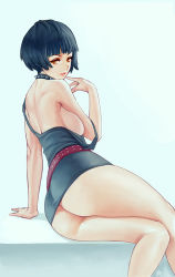  1girl arm_support ass bare_legs black_hair breasts brown_eyes collar dress looking_at_viewer no_bra persona persona_5 short_dress short_hair sideboob sitting solo spiked_collar spikes strap_slip takemi_tae zefrableu 