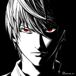  1boy aboude_art arabic_commentary artist_name closed_mouth commentary death_note english_commentary instagram_logo instagram_username limited_palette looking_at_viewer male_focus mixed-language_commentary red_eyes short_hair signature solo spot_color yagami_light 