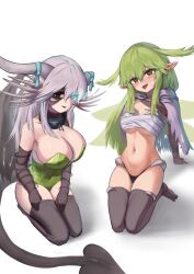  2girls absurdres bare_shoulders black_panties black_souls breasts cape chest_sarashi cleavage collar cosplay costume_switch demon_tail dragon_horns dragon_wings fairy_wings flaming_eye gloves green_eyes green_hair green_leotard highres horns huge_breasts jabberwock_(black_souls) jabberwock_(black_souls)_(cosplay) leaf_(black_souls) leaf_(black_souls)_(cosplay) leotard multiple_girls navel panties ropeperson sarashi stitched_arm stitched_face stitched_leg stitched_neck stitches tail thighhighs thighs tongue tongue_out two_side_up underwear white_hair wings 